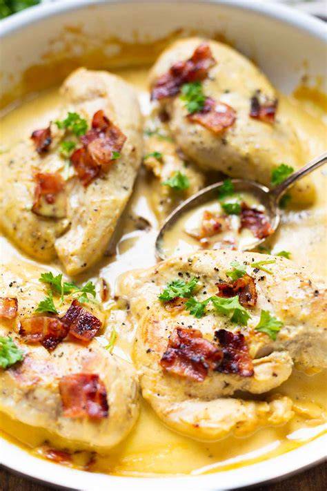 Honig-Senf-Hähnchen mit knusprigem Bacon auf Teller