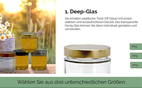 Honiggläser mit verschiedenen Geschmacksnoten (Minze, Rosenblüten, Espresso)