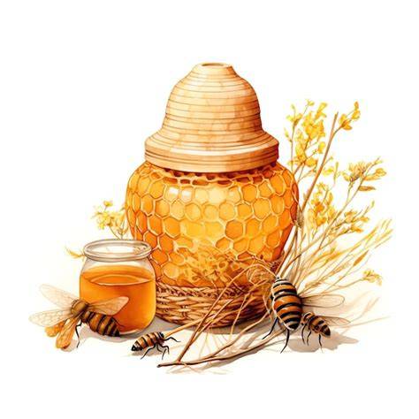 Honigglas mit Imker und Bienenkorb im Hintergrund