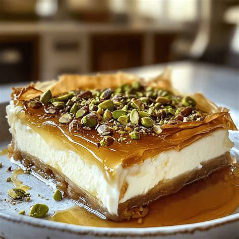 Honigsirup über Baklava-Käsekuchen gießen, Pistazien-Dekor, servierfertiger Anschnitt