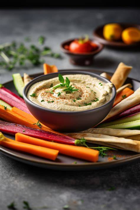 Hummus mit Gemüsesticks und Fladenbrot, verschiedene Serviervarianten