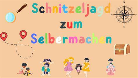 Illustration: Archie vor Haus Honigstein mit Freunden und Karte der Schnitzeljagd