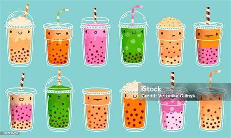 Illustration: Aufbau eines Bubble Tea mit Tee, Milch, Sirup und Tapioka-Perlen