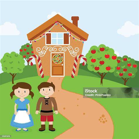 Illustration: Hänsel und Gretel vor dem Pfefferkuchenhaus