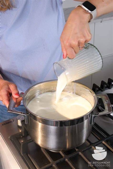 Illustration: Herstellungsschritte von Bio-Pudding mit Milch, Erhitzen, Aromazugabe, Abfüllen