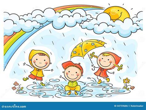 Illustration: Kinder spielen lachend im Regen ohne Schirme