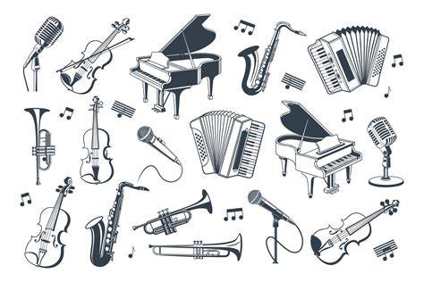 Illustration: Musikinstrumente aus dem Soundbuch (Trompete, Geige, Klavier)