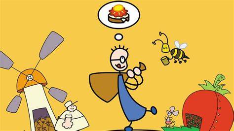 Illustration: Tom mit Erdbeermarmeladebrot und Honig, Müller, Erdbeermaus, Bienen