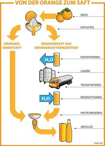 Illustration: Zutatenaufbau eines Fruchtjoghurts mit Saft aus Konzentrat und Fruchtstücken