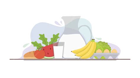 Illustration ausgewogene Ernährung mit Getränken und Früchten
