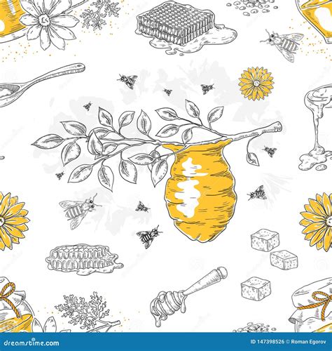 Illustration des Bienenstocks mit Stockbienen und Nektar-verarbeitenden Bienen