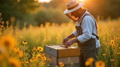 Imker mit Bienenstöcken in einer blühenden Landschaft