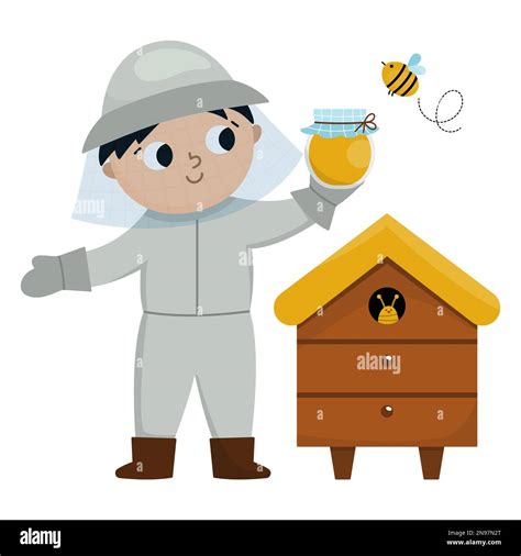 Imker mit Bienenstöcken und Honigglas