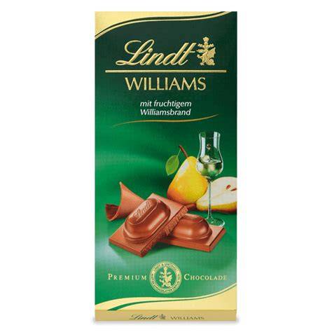 Infografik: Überblick über Lindt Birnen-Schokoladen (Dunkel Birne, Vollmilch mit Williamsbrand)