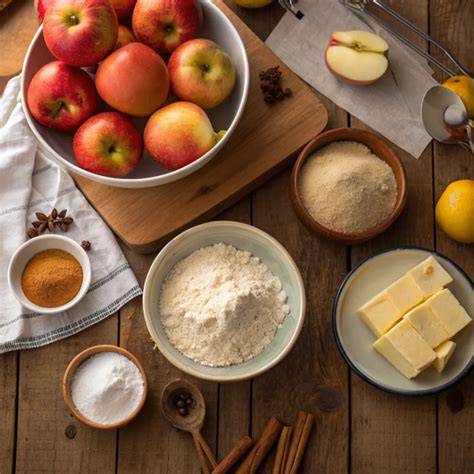 Infografik: Alle Zutaten für Apfel Zimt Kuchen nebeneinander gestellt