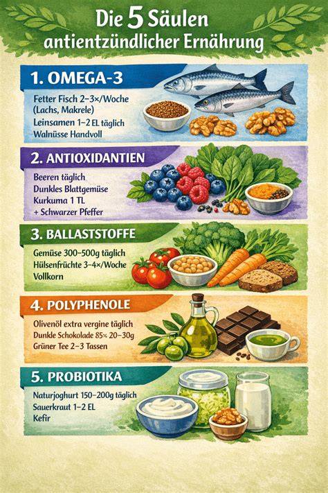 Infografik: Anti-entzündliche Ernährung - Bausteine, Omega-3, Antioxidantien