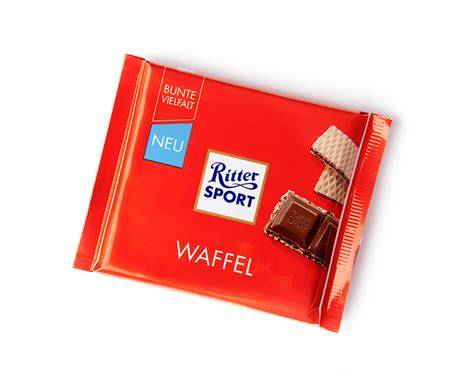 Infografik: Aufbau der RITTER SPORT Waffel (Vollmilchschokolade, Kakao-Mix, Waffelquadrat)