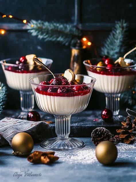 Infografik: Drei Komponenten - Panna Cotta, Glühweinkirschen, Lebkuchen-Crunch