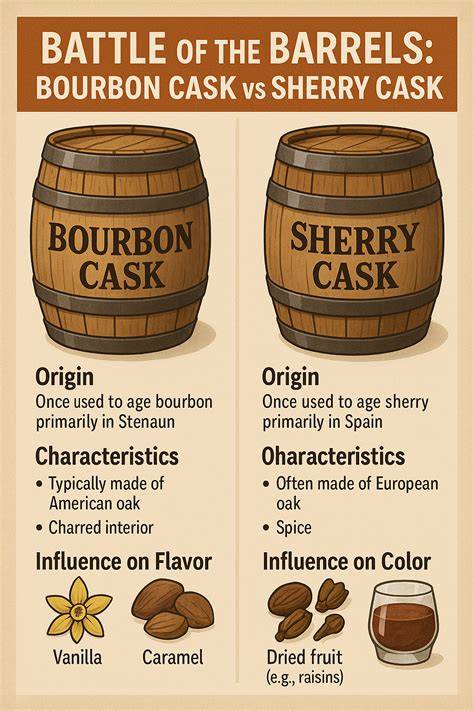 Infografik: Einfluss von Fassarten (Ex-Bourbon vs Sherry) auf Zucker im Whisky