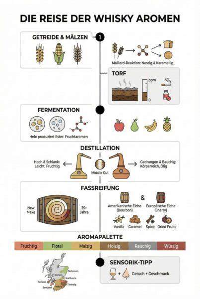 Infografik: Hauptbestandteile von Whisky - Getreide, Wasser, Hefe