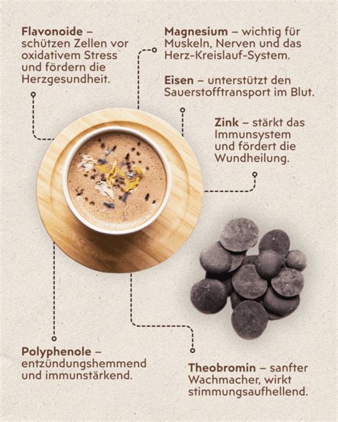 Infografik: Hauptinhaltsstoffe von Rohkakao (Theobromin, Flavonoide, Magnesium, Eisen)