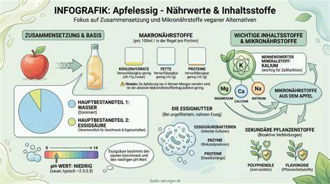 Infografik: Herstellung von Apfelessig, Essigmutter, Inhaltsstoffe und Abendroutine