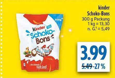 Infografik: Kalorien- und Nährwertverteilung pro Stück und Packung von Kinder Schoko Bons