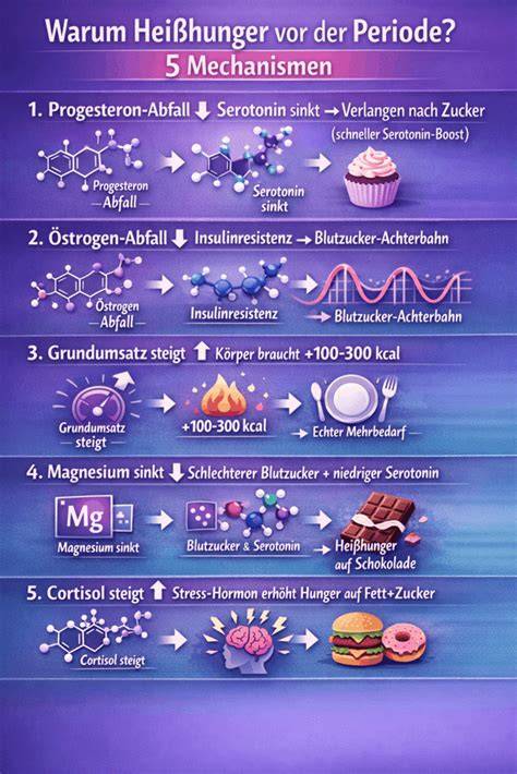 Infografik: Mechanismen hinter Heißhunger (Blutzucker, Serotonin, Cortisol)