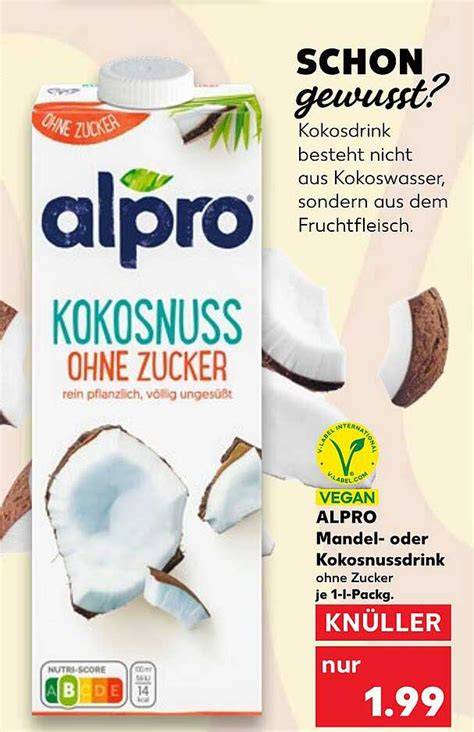 Infografik: Nährstoffprofil von Alpro Kokosnuss ohne Zucker (Kalorien, Vitamine, Calcium)