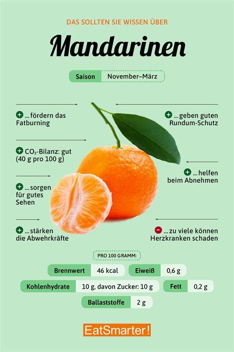 Infografik: Nährwerte pro 100 g Mandarine (Kalorien, Zucker, Ballaststoffe, Vitamine, Mineralien)