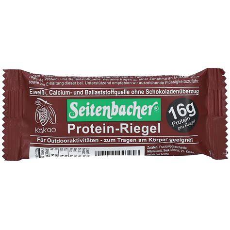 Infografik: Nährwertzusammenfassung des Seitenbacher Protein Riegels Kakao