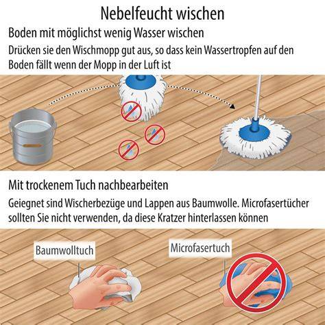 Infografik: Pflegehinweise für Laminat - Saugen, nebelfeucht wischen, Fleckenentfernung