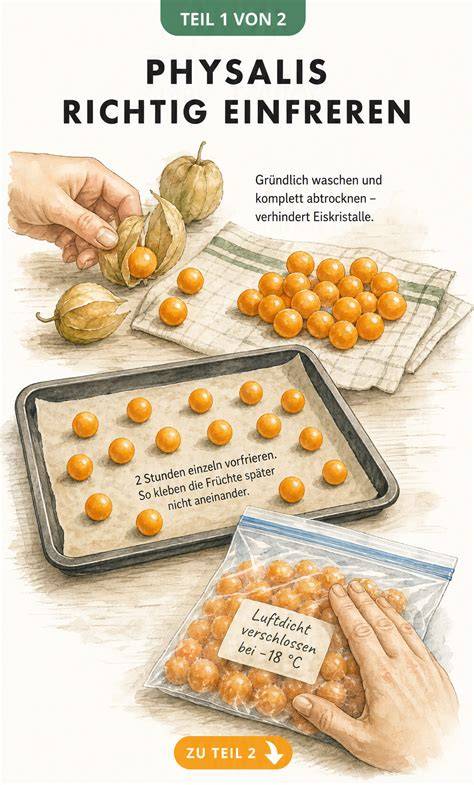 Infografik: Physalis vorbereiten, halbieren, als Lampion dekorieren und auf Torte platzieren
