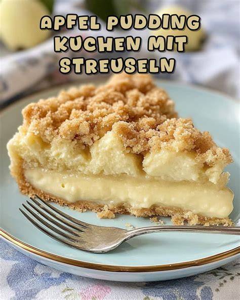 Infografik: Schichten eines Apfel-Streusel-Kuchens (Boden, Pudding, Apfel, Streusel)