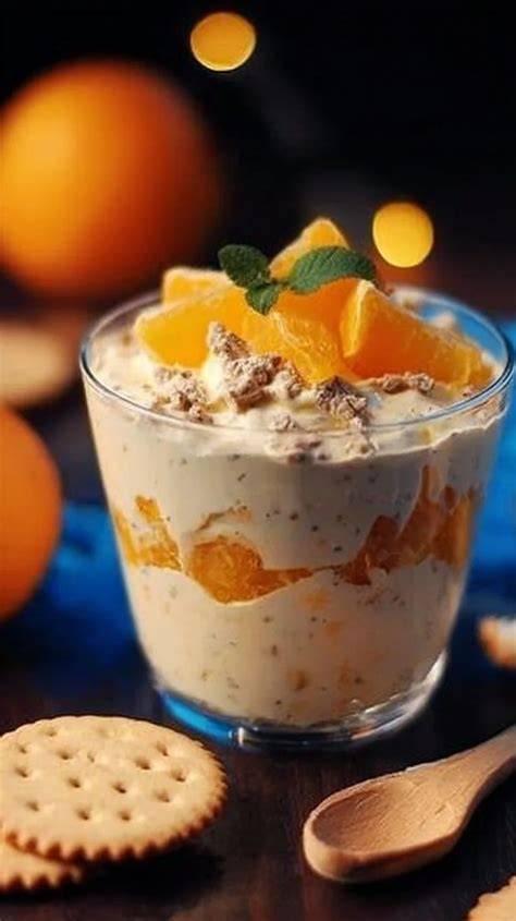 Infografik: Schichten im Dessertglas (Keks - Creme - Mandarinen - Creme - Keks)