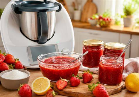 Infografik: Schritt-für-Schritt Zubereitung Erdbeermarmelade im Thermomix