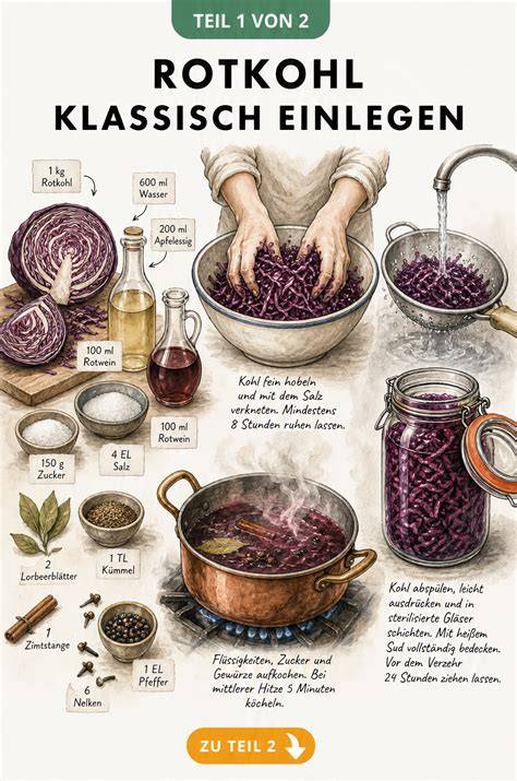 Infografik: Schritte der Marmeladenzubereitung - Vorbereitung, Kochen, Gelieren, Abfüllen