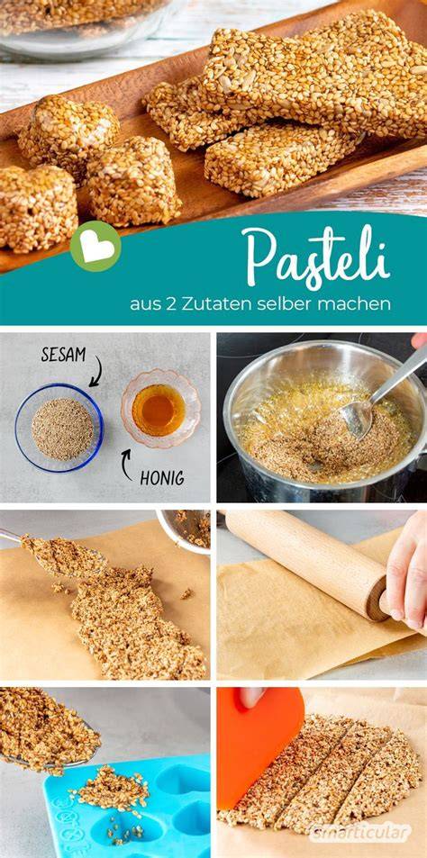 Infografik: Schritte zur Herstellung von Pasteli (Sesamriegel)