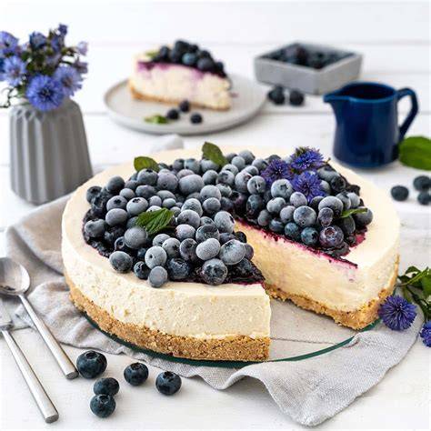 Infografik: Schritte zur No-Bake Blaubeer-Joghurt-Torte (Boden, Füllung, Gelierung, Dekoration)