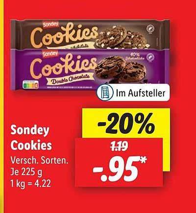 Infografik: Sortenlogo und Verpackungsfarben der Sondey-Vegan-Cookies von Lidl