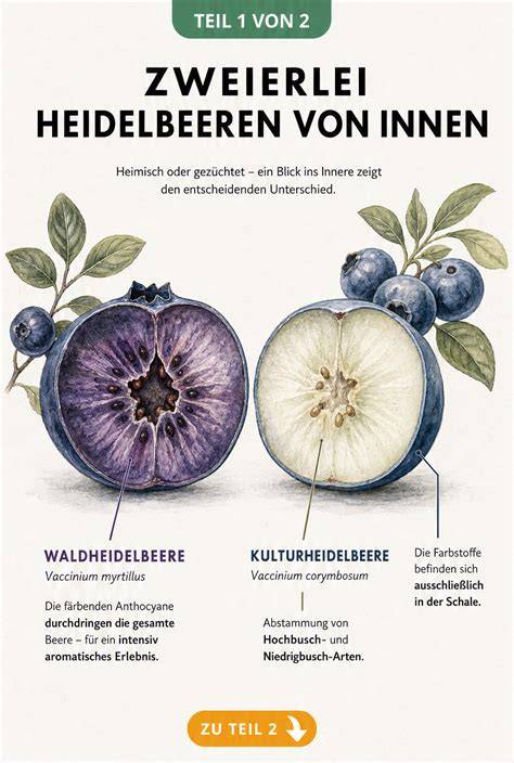 Infografik: Unterschied Waldheidelbeere vs. Kulturheidelbeere (Größe, Farbe, Aroma)