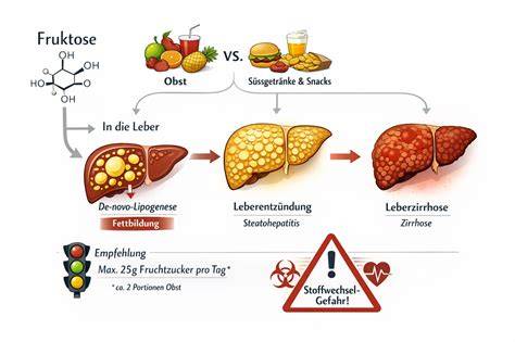 Infografik: Wie Zucker (vor allem Fruktose) in der Leber zu Fett umgewandelt wird