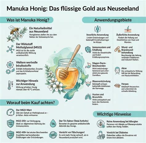 Infografik: Wirkmechanismen von Manuka-Honig (MGO, Antioxidantien, antibakteriell)