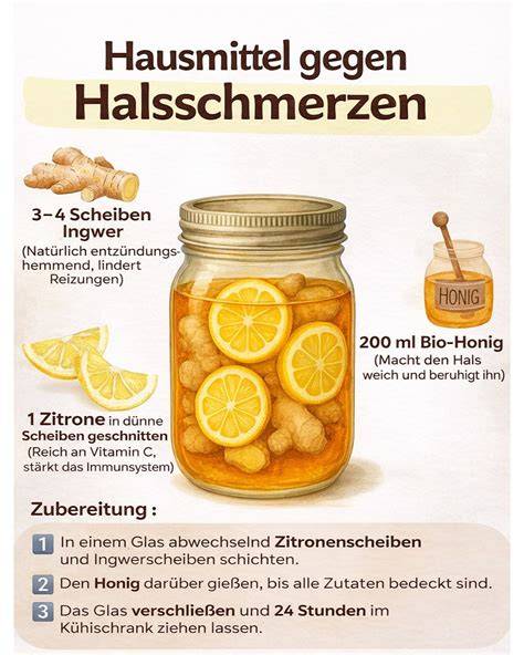 Infografik: Wirkungskette Ingwer + Honig bei Halsschmerzen