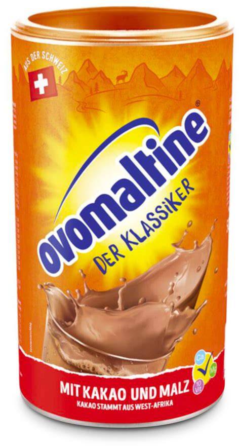 Infografik der Ovomaltine-Zutaten: Malz, Kakao, Milch, Zucker, Vitamine und Mineralstoffe