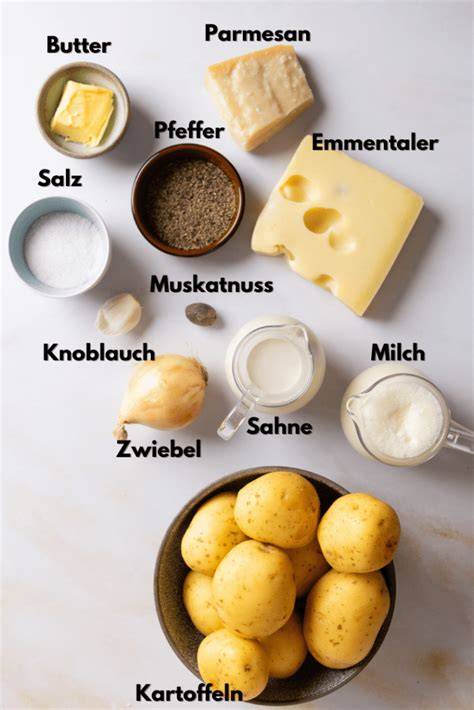 Infografik der wichtigsten Zutaten für veganes Kartoffelgratin