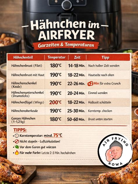 Infografik zur Backtechnik im Airfryer: WichtigeParameter (Temperatur, Zeit, Luftzirkulation)