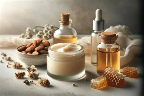 Inhaltsstoffe-Infografik: Propolis, Honig, Sheabutter, Pflanzenöle, Wirkung auf die Haut