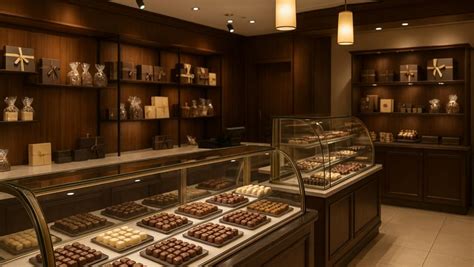 Innenansicht einer Chocolaterie in Bamberg mit Pralinentheke und Sitzecke