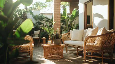 Innenraumdesign mit Boho-Texturen und haustierfreundlicher Terrassenbereich